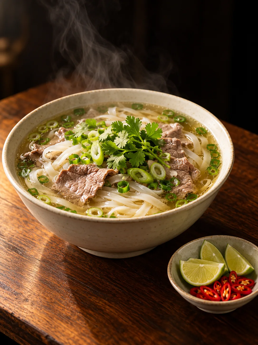 Reisbandnudelsuppe mit Rindfleisch, Lauchringen und Koriander, daneben Limette und Chili – KI-generiertes Bild