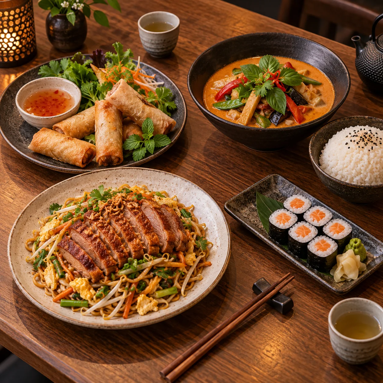 Gedeckter Tisch mit Frühlingsrollen, gebratenen Nudeln mit knuspriger Ente, rotem Curry mit Reis und Lachs-Maki – KI-generiertes Bild